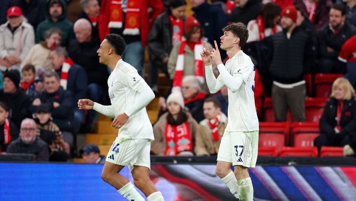 LIVERPOOL, ENGLAND - NOVEMBER 22: Nicolo Savona of Nottingham Forest celebrates scoring his team's second goal during the Premier League match between Liverpool and Nottingham Forest at Anfield on November 22, 2025 in Liverpool, England. (Photo by Molly Darlington/Getty Images) savona