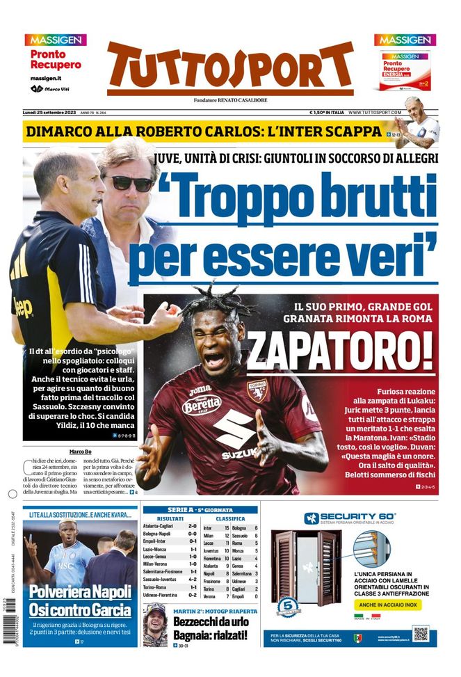 Tuttosport Prima Pagina oggi, lunedì 25 settembre