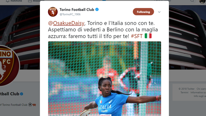 Daisy Osakue, la solidarietà del Toro: “Faremo il tifo per te” - immagine 1