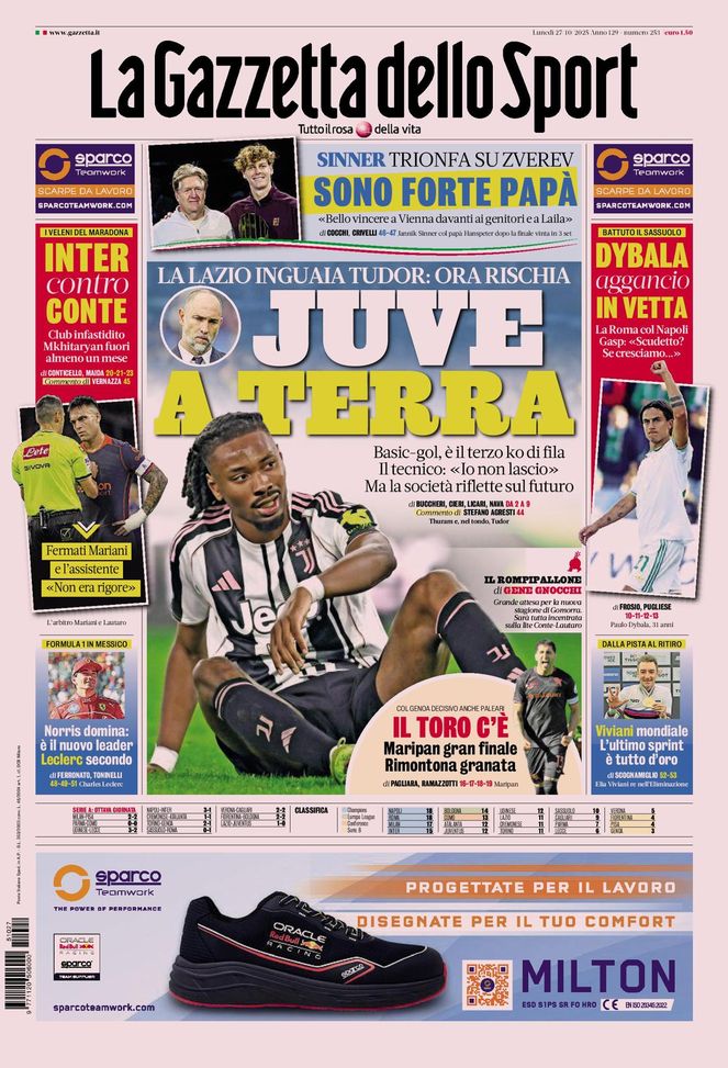 La Gazzetta dello Sport, la prima pagina di oggi, lunedì 27 ottobre 2025 La Gazzetta dello Sport