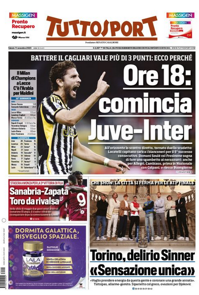 La prima pagina di Tuttosport 11/11/2023