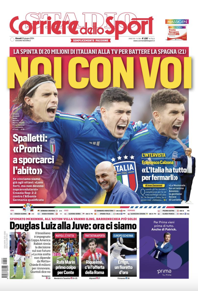 EDICOLA CDS – Noi con voi: la spinta di 20 mln di italiani alla tv per battere la Spagna - immagine 1