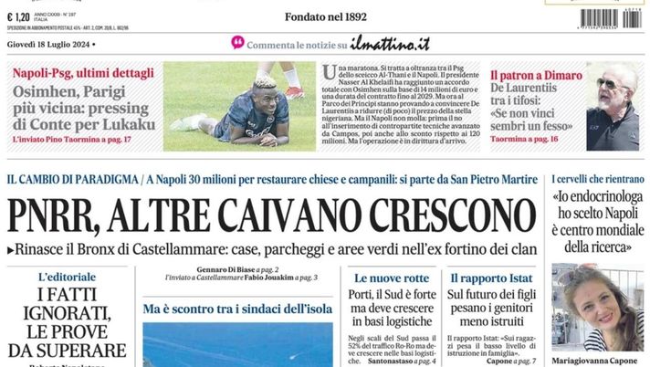 PRIMA PAGINA IL MATTINO OGGI: “Osimhen, Parigi più vicina: pressing di Conte per Lukaku” prima pagina il mattino oggi
