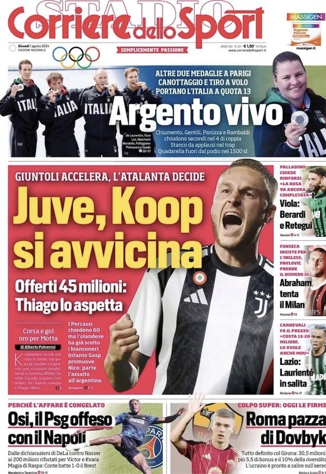 Il Corriere dello Sport, la prima pagina di oggi, giovedì 1° agosto 2024 Il Corriere dello Sport
