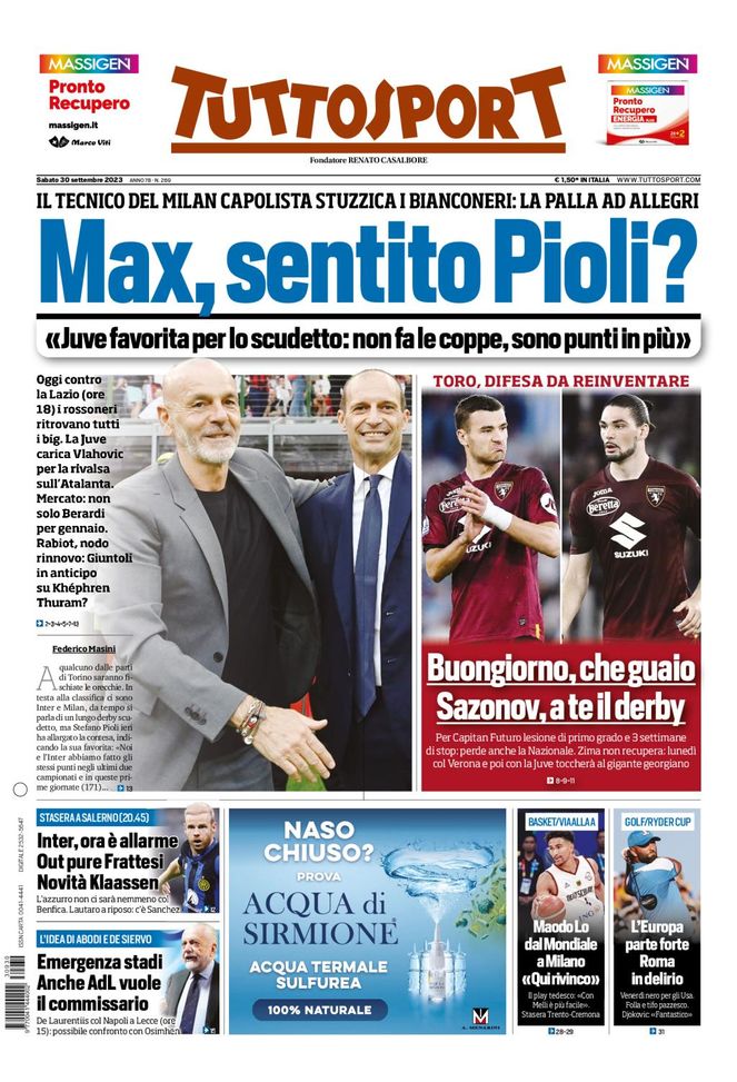 Tuttosport Prima Pagina sabato 30 settembre