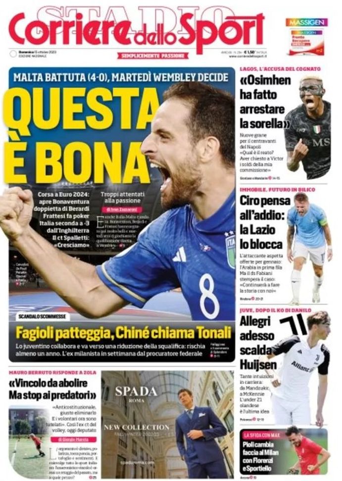 EDICOLA / CdS: Italia, corsa a Euro2024: poker di Frattesi. Wembley decide - immagine 1