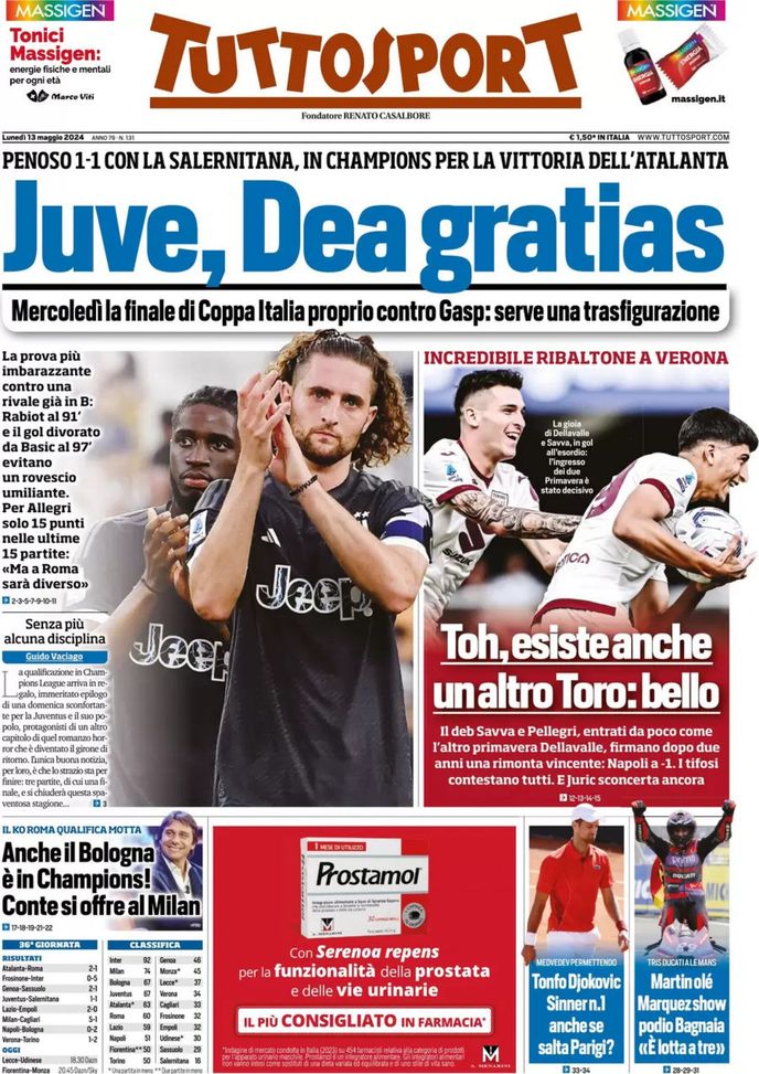 Tuttosport, la prima pagina di oggi, lunedì 13 maggio 2024 Tuttosport