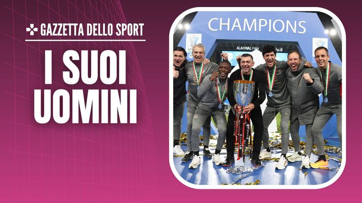 Lo staff di Sergio Conceicao (allenatore AC Milan) festeggia dopo il derby Inter-Milan 2-3, finale della Supercoppa Italiana a Riyadh (Arabia Saudita) | News (Getty Images) staff Sergio Conceicao AC Milan derby Inter-Milan 2-3 Supercoppa Italiana