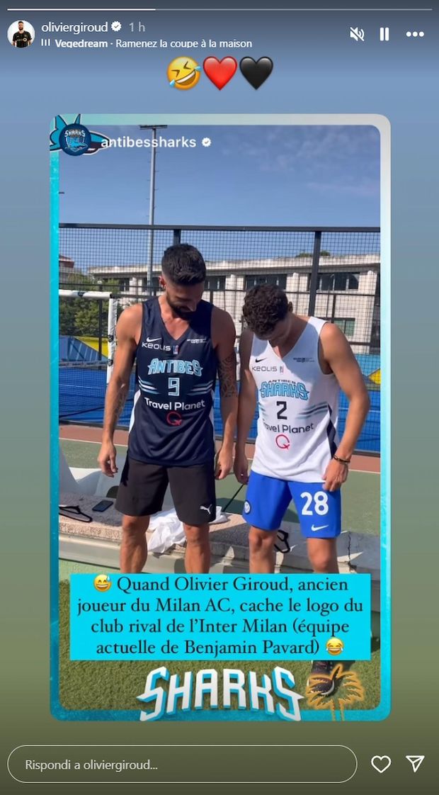 Giroud-Pavard, siparietto in Costa Azzurra: l’ex Milan copre il logo Inter sui pantaloncini- immagine 2
