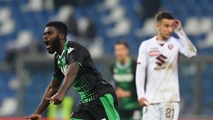 REGGIO NELL'EMILIA, ITALY - JANUARY 18: Jeremie Boga of US Sassuolo celebrates after scoring the 1-1 goal during the Serie A match between US Sassuolo and Torino FC at Mapei Stadium - Città del Tricolore on January 18, 2020 in Reggio nell'Emilia, Italy (Photo by Alessandro Sabattini/Getty Images) sassuolo-torino