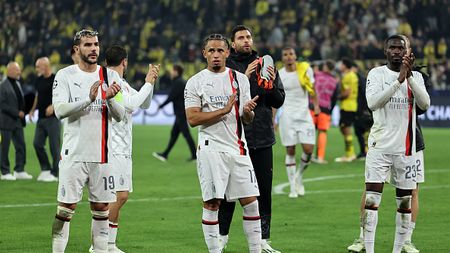 DORTMUND, GERMANY - OCTOBER 04: Theo Hernandez, Noah Okafor and Fikayo Tomori of AC Milan applaud the fans after the draw in the UEFA Champions League match between Borussia Dortmund and AC Milan at Signal Iduna Park on October 04, 2023 in Dortmund, Germany. (Photo by Christof Koepsel/Getty Images)