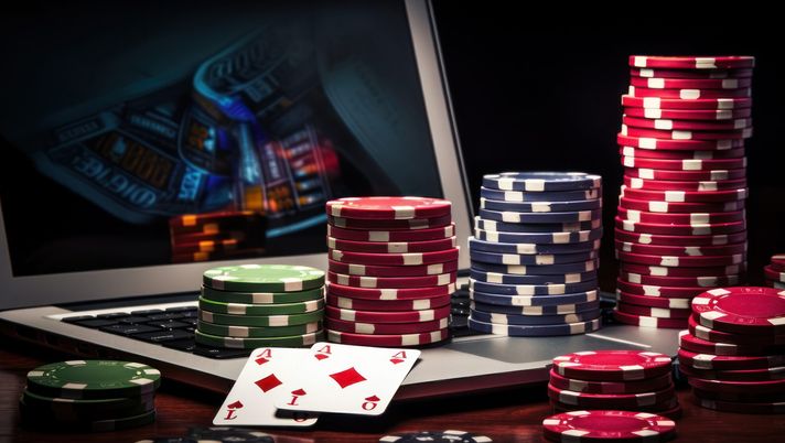 Online casino and internet betting depicted with a laptop and various gambling chips and dice. Bonus di registrazione: come i casinò online accolgono i loro nuovi clienti - immagine 1
