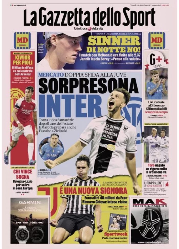 La Prima Pagina de La Gazzetta dello Sport 03-11-2023