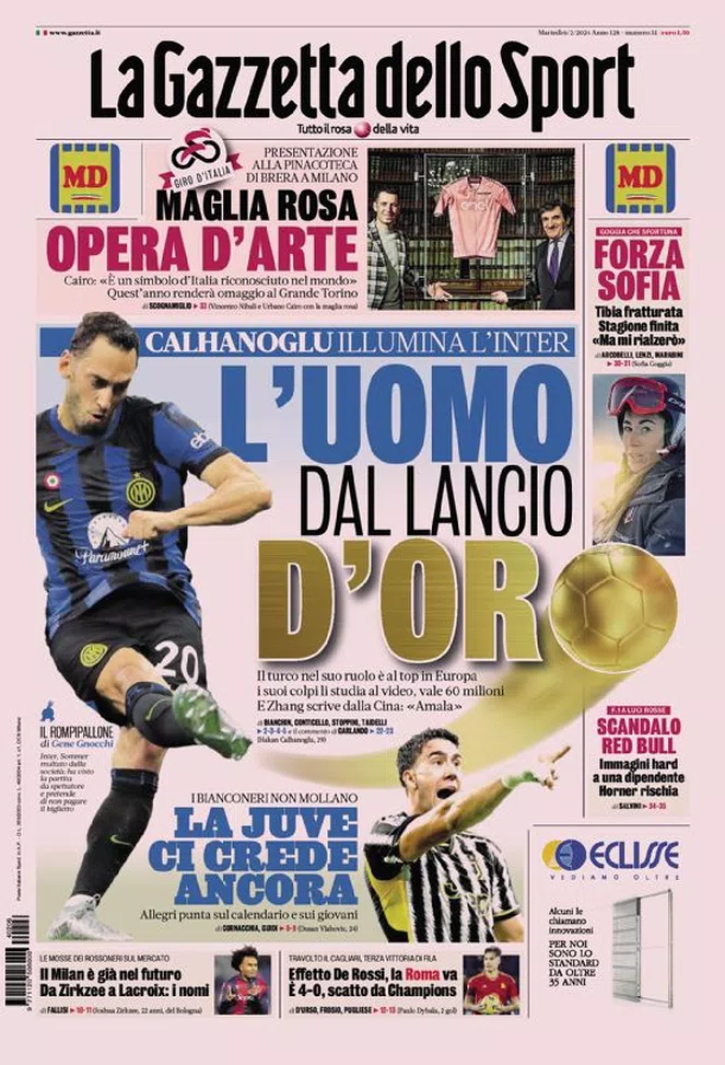 Quotidiani sportivi, le prime pagine: Inter, Calha top. Ma la Juve non  molla - Pianeta Milan