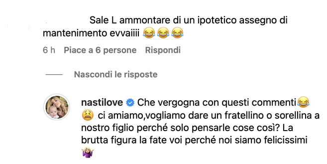 Un’hater a Chiara Nasti: “Altro figlio? Cresce l’assegno di mantenimento”. Lei replica- immagine 2