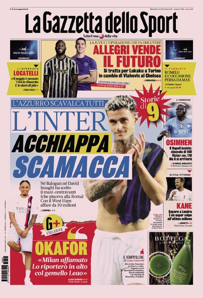 La Gazzetta dello Sport, la prima pagina di oggi, martedì 1° agosto 2023 La Gazzetta dello Sport