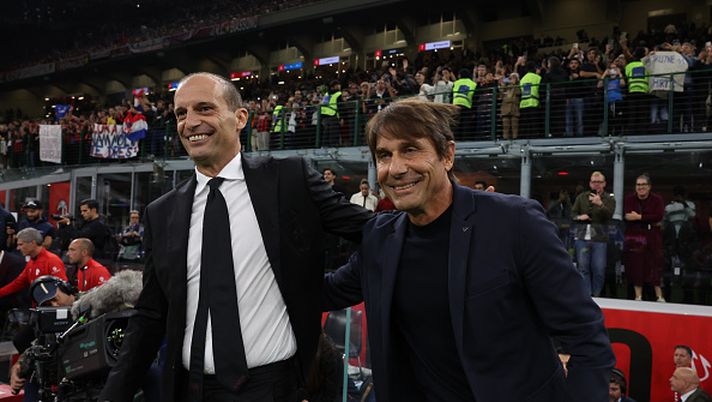 MILAN, ITALY - SEPTEMBER 28: Head coach of AC Milan Massimiliano Allegri shakes hands with head coach of SSC Napoli Antonio Conte before the Serie A match between AC Milan and SSC Napoli at Giuseppe Meazza Stadium on September 28, 2025 in Milan, Italy. (Photo by Claudio Villa/AC Milan via Getty Images) Conte Allegri