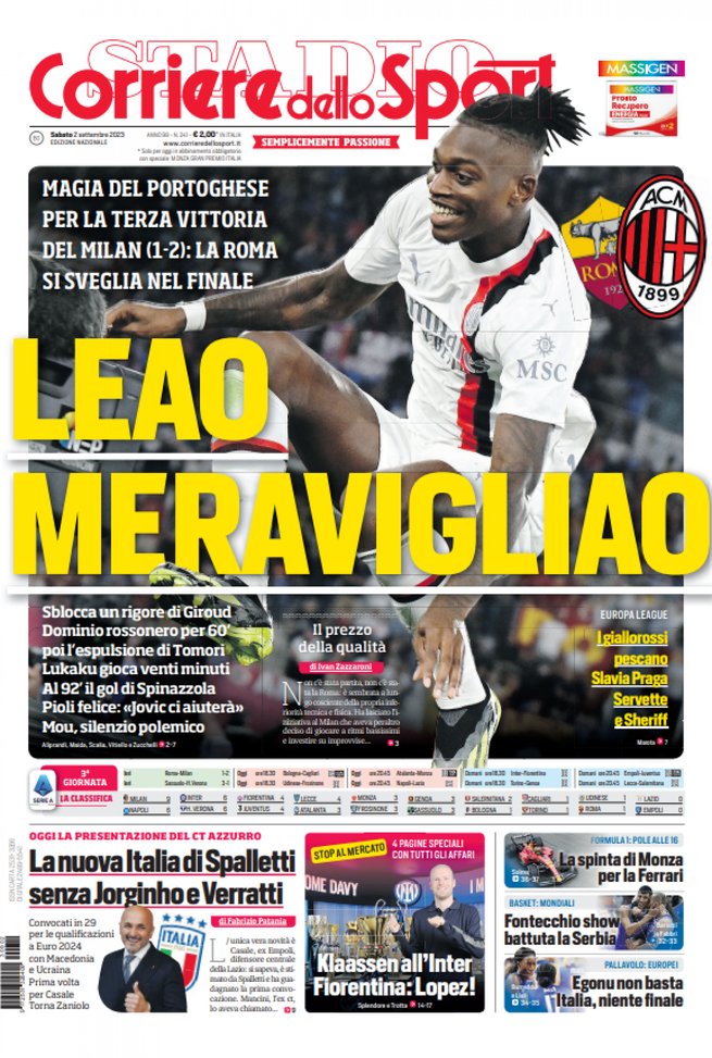 Il Corriere dello Sport, la prima pagina di oggi, sabato 2 settembre 2023 Il Corriere dello Sport