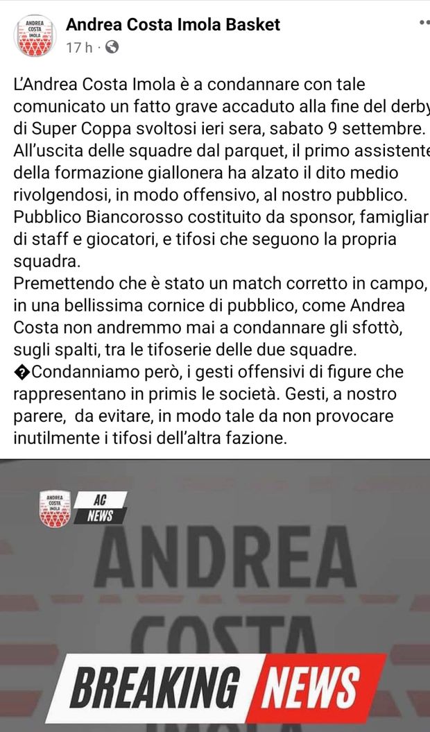 Basket, derby di Supercoppa tra le due squadre di Imola: il giallo del gestaccio, botta e risposta- immagine 2