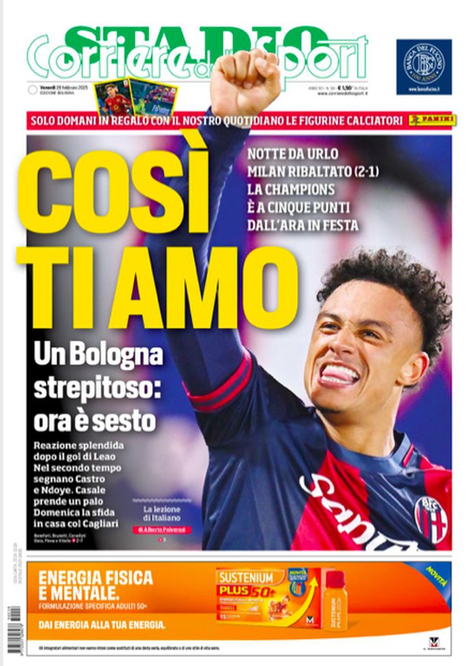 Il Bologna batte il Milan 2-1: le aperture dei quotidiani- immagine 2