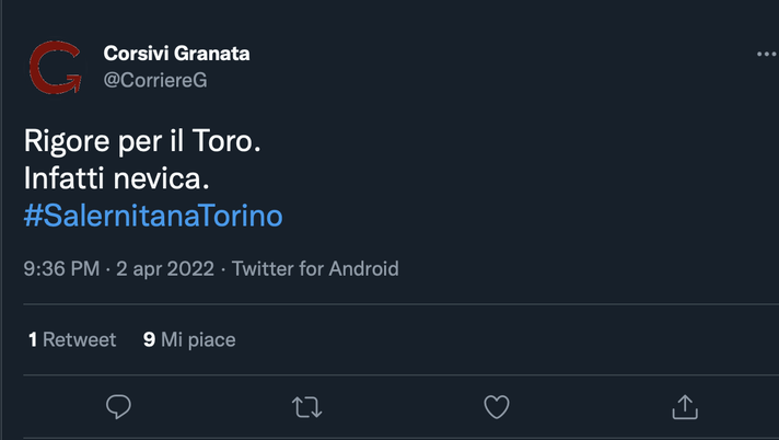 Salernitana-Torino 0-1, le reazioni social: “Rigore per il Toro. Infatti nevica” Salernitana-Torino 0-1, le reazioni social: “Rigore per il Toro. Infatti nevica” - immagine 1