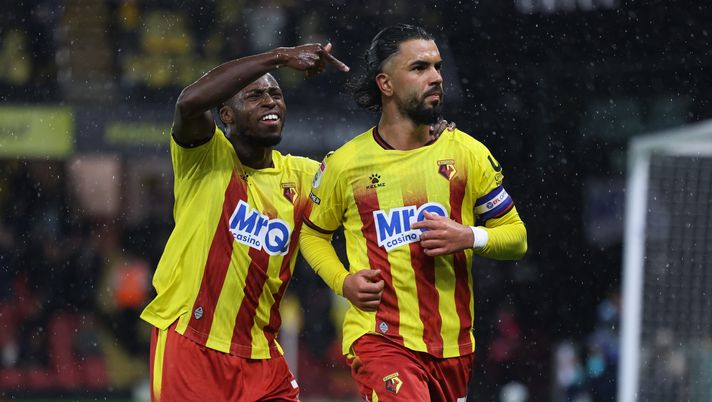 WATFORD, ENGLAND - OCTOBER 22: Watford midfielder Imran Louza celebrates scoring his team's first goal with teammate Jeremy Ngakia during the Sky Bet Championship match between Watford and West Bromwich Albion at Vicarage Road on October 22, 2025 in Watford, England. (Photo by Sally Rawlins/Getty Images) Streaming Ipswich-Watford: Diretta TV, live gratis e probabili formazioni - immagine 1