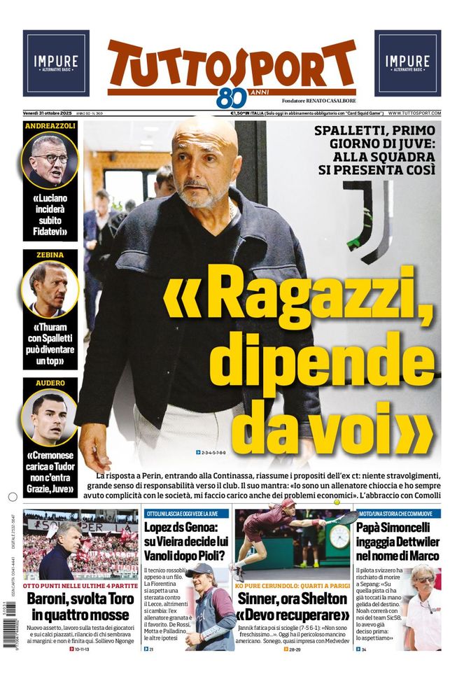 Tuttosport, la prima pagina di oggi, venerdì 31 ottobre 2025 Tuttosport