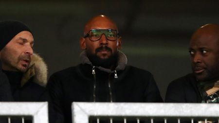 KERKRADE, NETHERLANDS - FEBRUARY 17: Former player but current employee of Roda JC, Nicolas Anelka of France looks on from the stands during the Dutch Eredivisie match between Roda JC and Go Ahead Eagles held at Parkstad Limburg Stadion on February 17, 2017 in Kerkrade, Netherlands. (Photo by Dean Mouhtaropoulos/Getty Images)