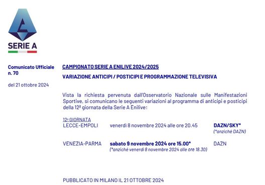 Serie A, cambia la programmazione di due partite alla 12esima giornata- immagine 2