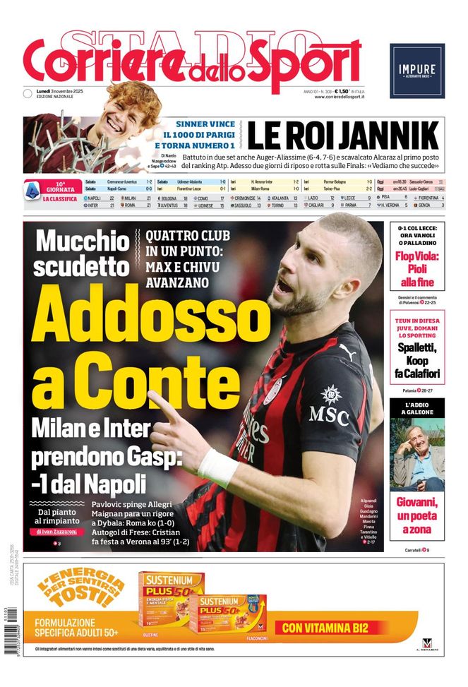 Il Corriere dello Sport, la prima pagina di oggi, lunedì 3 novembre 2025 Il Corriere dello Sport