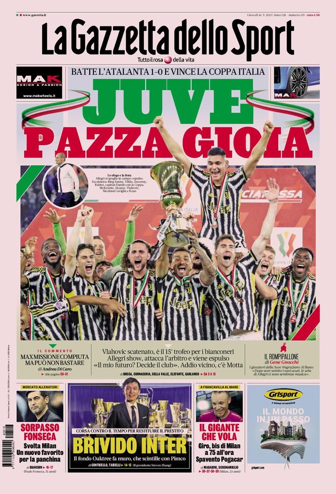 La Gazzetta dello Sport, la prima pagina di oggi, giovedì 16 maggio 2024