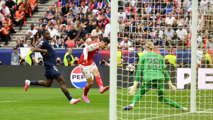 BUDAPEST, HUNGARY - MAY 30: Kai Havertz of Arsenal scores his team's first goal during the UEFA Champions League Final 2026 match between Paris Saint-Germain and Arsenal FC at Puskas Arena on May 30, 2026 in Budapest, Hungary. (Photo by David Ramos/Getty Images) psg arsenal