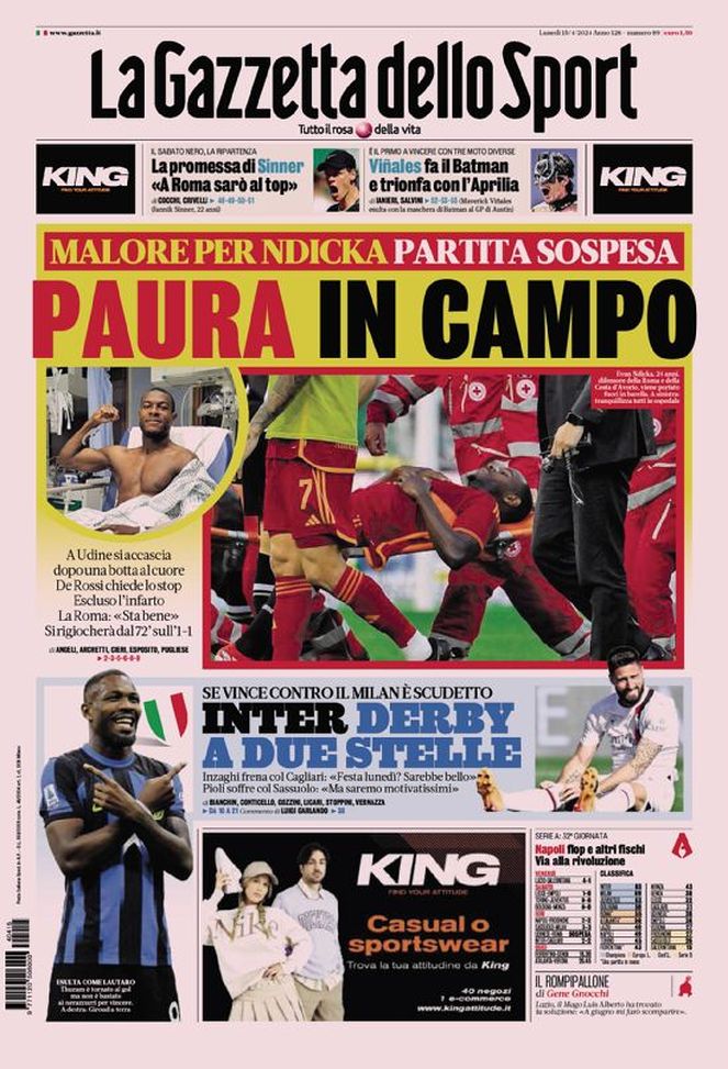La Gazzetta dello Sport, la prima pagina di oggi, lunedì 15 aprile 2024