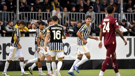 VINOVO, ITALY - APRIL 29: Javier Gil Puche of Juventus celebrates after scoring a goal during the Primavera 1 match between Juventus U19 and Torino U19 at Juventus Center Vinovo on April 29, 2024 in Vinovo, Italy. (Photo by Filippo Alfero - Juventus FC/Juventus FC via Getty Images) Juventus Primavera ok nel derby col Torino