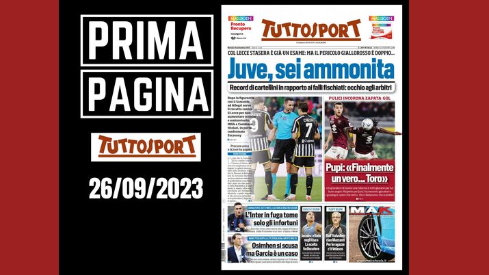 Prima pagina Tuttosport: 'Juve, sei ammonita'