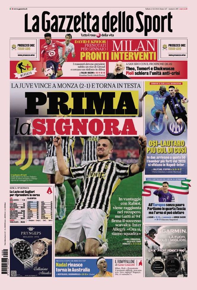 Prima Pagina Gazzetta Dello Sport “prima La Signora” Pianeta Milan 