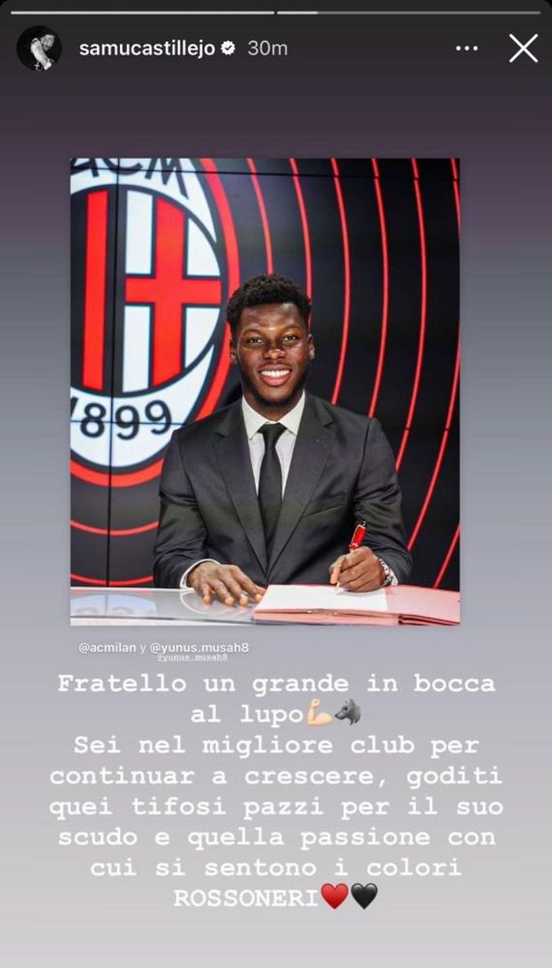 Milan, Castillejo a Musah: “In bocca al lupo fratello. Sei nel miglior club”- immagine 2