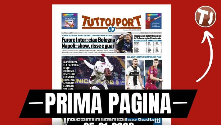 Prima pagina Tuttosport: 'Toro, tre salti di gioia. Pellegrino o Dovbyk: un vero 9 per Spalletti'