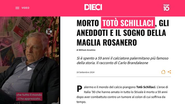 VIDEO: MORTE SCHILLACI, GLI ANEDDOTI E IL SOGNO DELLA MAGLIA ROSANERO VIDEO: MORTE SCHILLACI, GLI ANEDDOTI E IL SOGNO DELLA MAGLIA ROSANERO - immagine 1