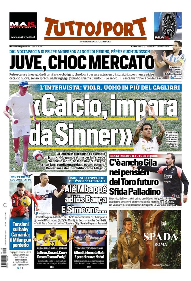 Prima pagina Tuttosport 17 aprile