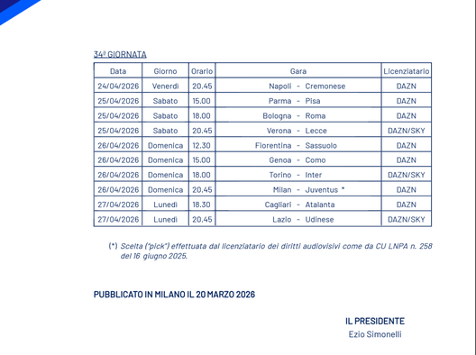 Serie A, date e orari fino alla 34a giornata: Como-Inter domenica 12, col Cagliari si anticipa- immagine 4