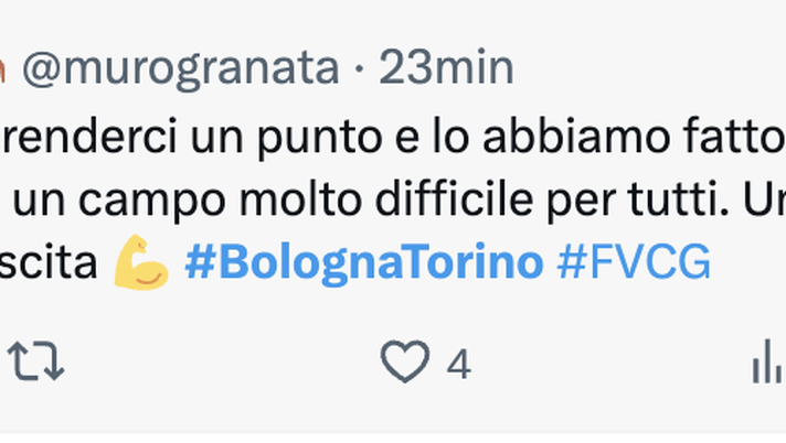 Bologna-Torino 0-0, le reazioni social: “Giocato per un punto e l’abbiamo fatto” Bologna-Torino 0-0, le reazioni social: “Giocato per un punto e l’abbiamo fatto” - immagine 1
