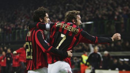 MILAN, ITALY - MARCH 08: Andriy Shevchenko of Milan celebrates with his team mate Kaka (L) after scoring the second goal during the UEFA Champions League Round of 16 second leg match between AC Milan and Bayern Munich at the Giuseppe Meazza Stadium on March 8, 2006 in Milan, Italy. (Photo by Sandra Behne/Bongarts/Getty Images)