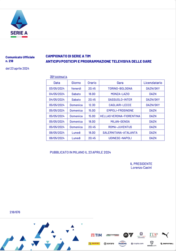 UFFICIALE – 35ª Serie A, Sassuolo-Inter si giocherà sabato 4 maggio alle 20.45- immagine 4