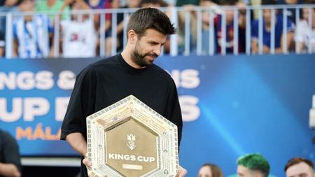 MALAGA, SPAIN - OCTOBER 14: Gerard Pique, president of Kings League holds the Kings Cup trophy during the Kings Cup & Queens Cup Finals at Estadio La Rosaleda on October 14, 2023 in Malaga, Spain. (Photo by Cristian Trujillo/Quality Sport Images/Getty Images)