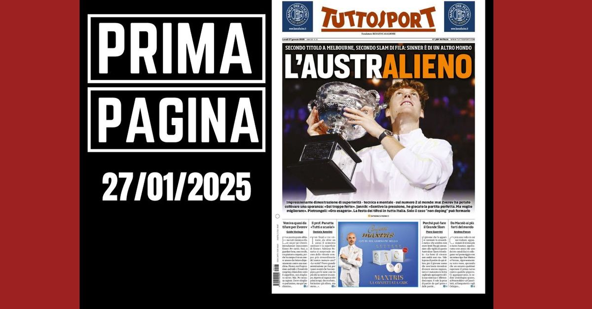 Prima pagina Tuttosport: “Sinner, l’austrAlieno: secondo Slam di fila”