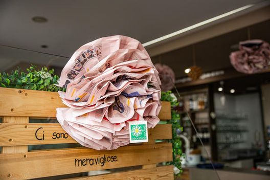 I fogli della Gazzetta formano una rosa Festival dello Sport di Trento, il centro città colorato di rosa- immagine 2