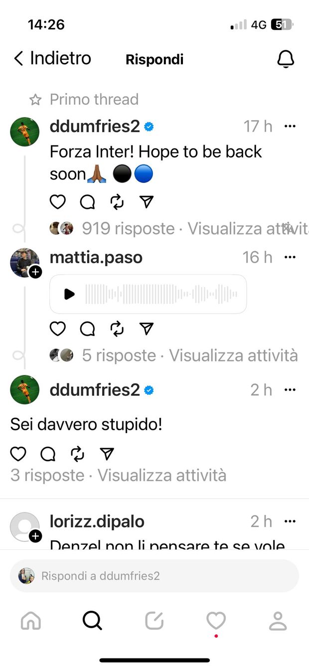 Dumfries su Threads: “Spero di tornare presto”. E poi zittisce un tifoso che lo insulta- immagine 3