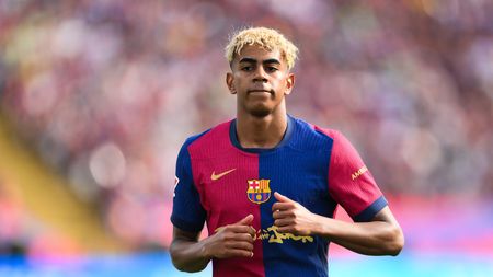 BARCELONA, SPAIN - MAY 11: Lamine Yamal of FC Barcelona looks on during the LaLiga match between FC Barcelona and Real Madrid CF at Estadi Olimpic Lluis Companys on May 11, 2025 in Barcelona, Spain. (Photo by David Ramos/Getty Images)