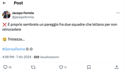 Genoa-Torino 0-0, le reazioni social: “Un pareggio per salvarsi, che tristezza”